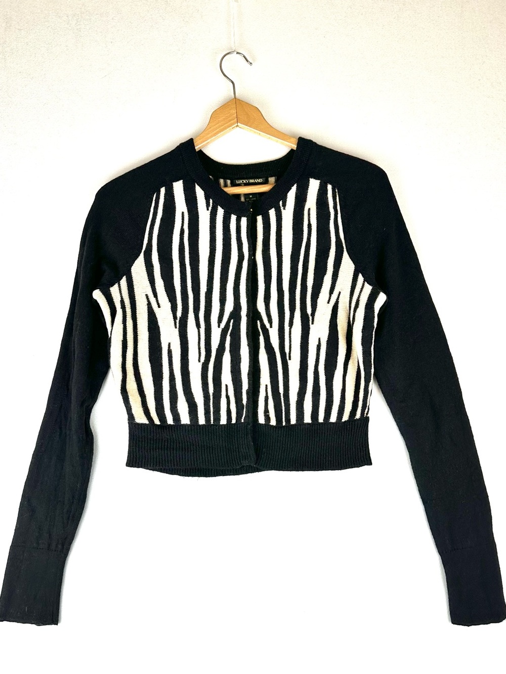 Lucky Brand Zebra Print Cardigan Sweater Lambswool Blend Black Snap